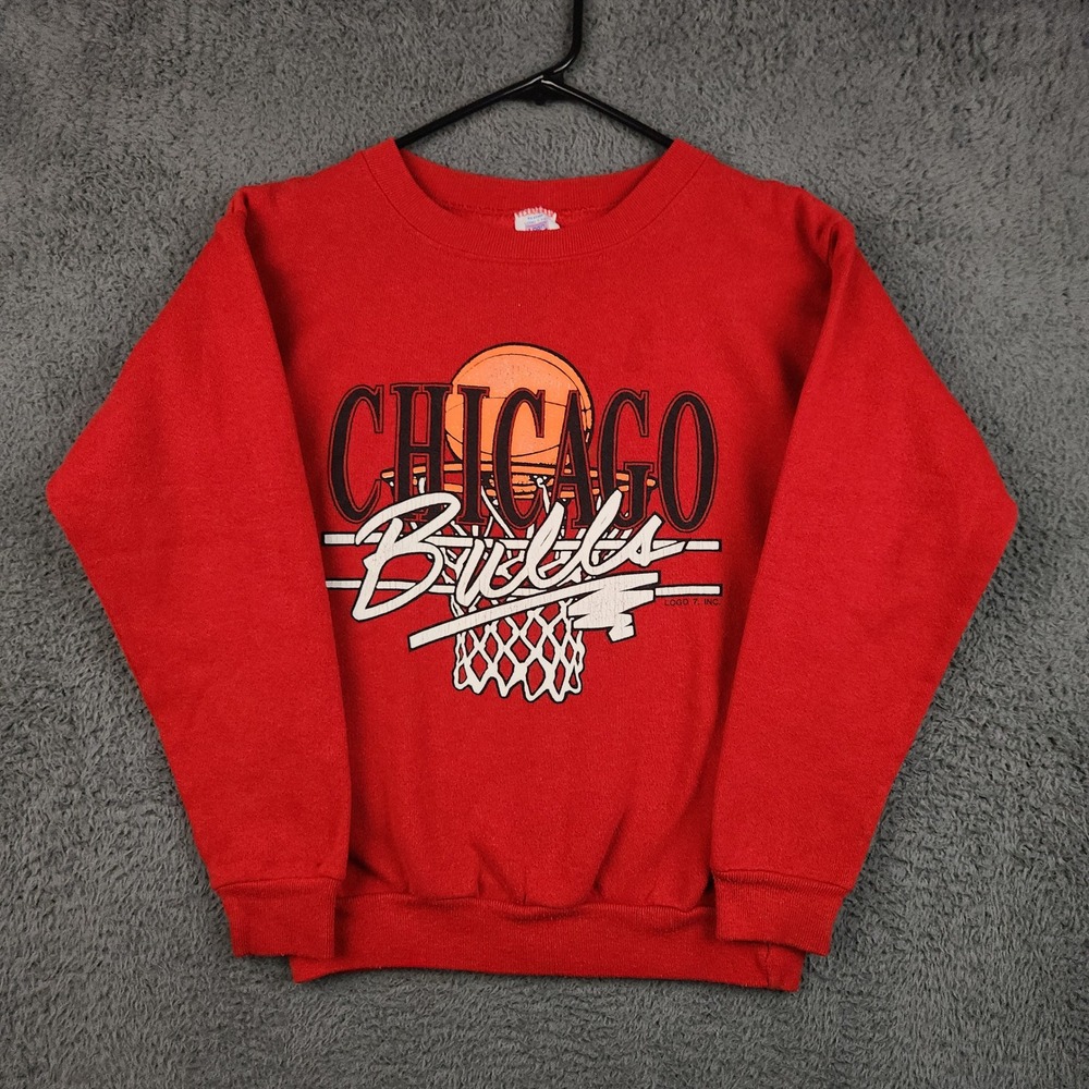 Vintage Logo 7 Chicago Bulls Sweatshirt Youth L(14-16) Red Crewneck 90s NBA USA